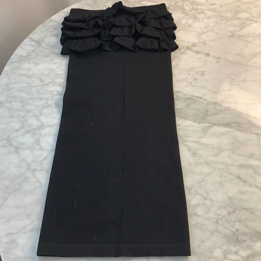 Bebe Black Ruffle Strapless Body Contouring Stretchy Midi Dress PS